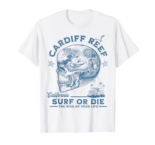 Cardiff Reef Beach Surfing Girl Pacific Ocean Surfboard Herren T-Shirt von Surfer Skull Graphic Surf Or Die Vintage Wave Ride