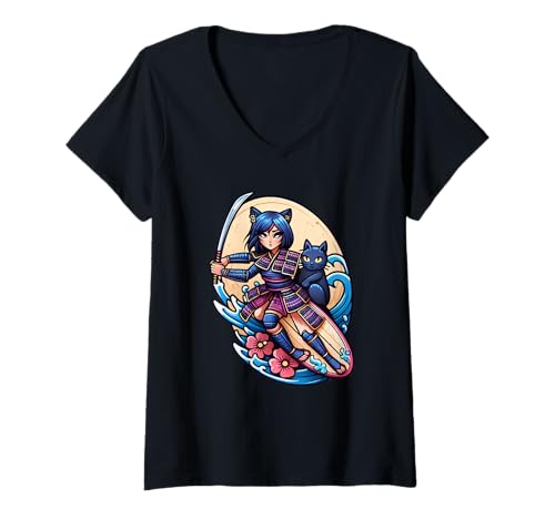 Damen Japanische Samurai-Katze und Anime-Mädchen, Surfer T-Shirt mit V-Ausschnitt Damen Japanische Samurai-Katze und Anime-Mädchen, Surfer T-Shirt mit V-Ausschnitt von Surfing Anime Girl and Cat
