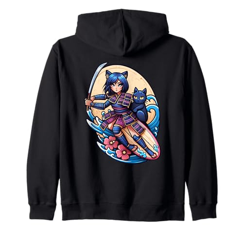 Japanische Samurai-Katze und Anime-Mädchen, Surfer Kapuzenjacke Japanische Samurai-Katze und Anime-Mädchen, Surfer Kapuzenjacke von Surfing Anime Girl and Cat