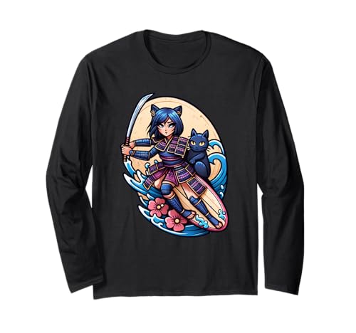 Japanische Samurai-Katze und Anime-Mädchen, Surfer Langarmshirt Japanische Samurai-Katze und Anime-Mädchen, Surfer Langarmshirt von Surfing Anime Girl and Cat