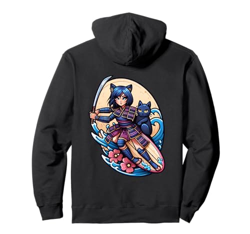 Japanische Samurai-Katze und Anime-Mädchen, Surfer Pullover Hoodie Japanische Samurai-Katze und Anime-Mädchen, Surfer Pullover Hoodie von Surfing Anime Girl and Cat