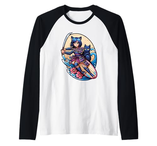 Japanische Samurai-Katze und Anime-Mädchen, Surfer Raglan Japanische Samurai-Katze und Anime-Mädchen, Surfer Raglan von Surfing Anime Girl and Cat