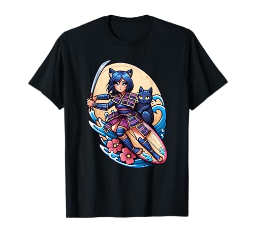 Japanische Samurai-Katze und Anime-Mädchen, Surfer T-Shirt Japanische Samurai-Katze und Anime-Mädchen, Surfer T-Shirt von Surfing Anime Girl and Cat