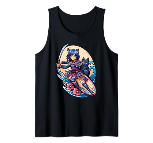 Japanische Samurai-Katze und Anime-Mädchen, Surfer Tank Top von Surfing Anime Girl and Cat