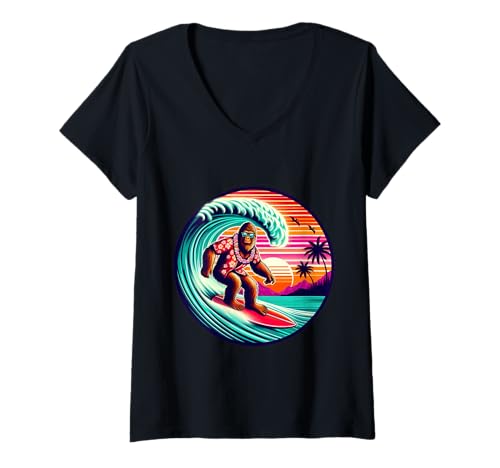 Damen Bigfoot Retro Surfen Tropical Sasquatch Surfen Hawaii T-Shirt mit V-Ausschnitt von Surfing Bigfoot Riding Wave Sasquatch Funny tees