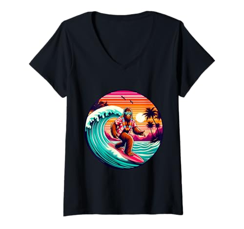 Damen Bigfoot Retro Surfen Tropical Sasquatch Surfen Hawaii T-Shirt mit V-Ausschnitt Damen Bigfoot Retro Surfen Tropical Sasquatch Surfen Hawaii T-Shirt mit V-Ausschnitt von Surfing Bigfoot Riding Wave Sasquatch Funny tees