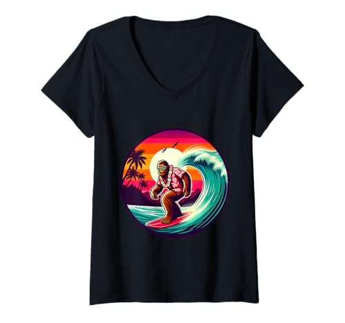 Damen Bigfoot Retro Surfen Tropical Sasquatch Surfen Hawaii T-Shirt mit V-Ausschnitt Damen Bigfoot Retro Surfen Tropical Sasquatch Surfen Hawaii T-Shirt mit V-Ausschnitt von Surfing Bigfoot Riding Wave Sasquatch Funny tees
