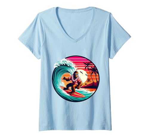 Damen Bigfoot Retro Surfen Tropical Sasquatch Surfer Hawaii T-Shirt mit V-Ausschnitt Damen Bigfoot Retro Surfen Tropical Sasquatch Surfer Hawaii T-Shirt mit V-Ausschnitt von Surfing Bigfoot Riding Wave Sasquatch Funny tees