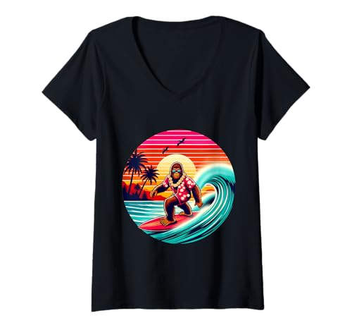 Damen Bigfoot Retro Surfen Tropical Sasquatch Surfer hawaiian T-Shirt mit V-Ausschnitt von Surfing Bigfoot Riding Wave Sasquatch Funny tees