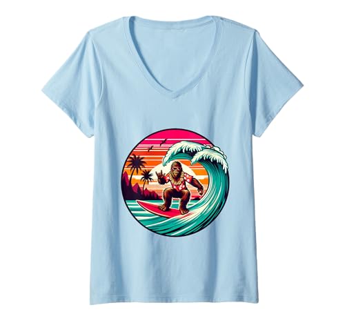 Damen Bigfoot Retro Surfen Tropical Sasquatch Surfer hawaiian T-Shirt mit V-Ausschnitt Damen Bigfoot Retro Surfen Tropical Sasquatch Surfer hawaiian T-Shirt mit V-Ausschnitt von Surfing Bigfoot Riding Wave Sasquatch Funny tees