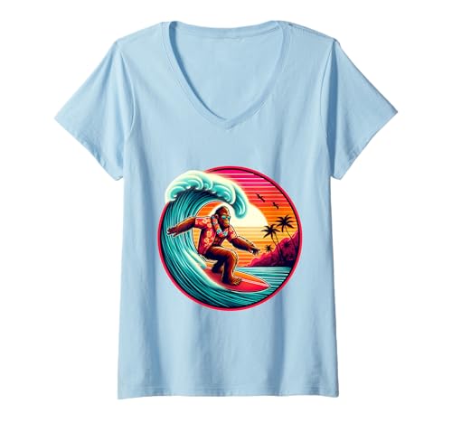 Damen Bigfoot Surfbrett Reiten Welle bei Sonnenuntergang Retro Beach Vibes T-Shirt mit V-Ausschnitt von Surfing Bigfoot Riding Wave Sasquatch Funny tees