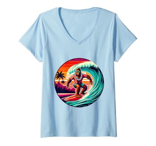 Damen Bigfoot Surfbrett Strand Sommer Surfen Sasquatch Hawaii T-Shirt mit V-Ausschnitt Damen Bigfoot Surfbrett Strand Sommer Surfen Sasquatch Hawaii T-Shirt mit V-Ausschnitt von Surfing Bigfoot Riding Wave Sasquatch Funny tees