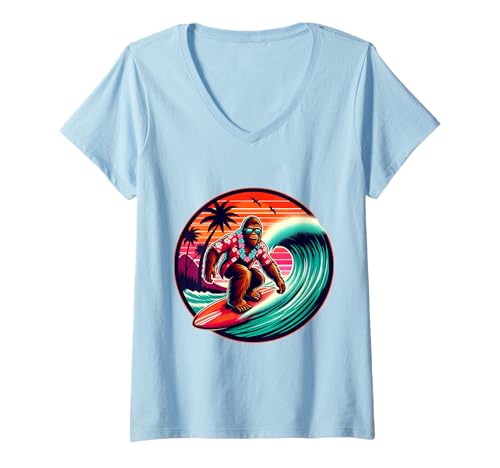 Damen Bigfoot Surfbrett Strand Sommer Surfen Sasquatch Hawaii T-Shirt mit V-Ausschnitt von Surfing Bigfoot Riding Wave Sasquatch Funny tees