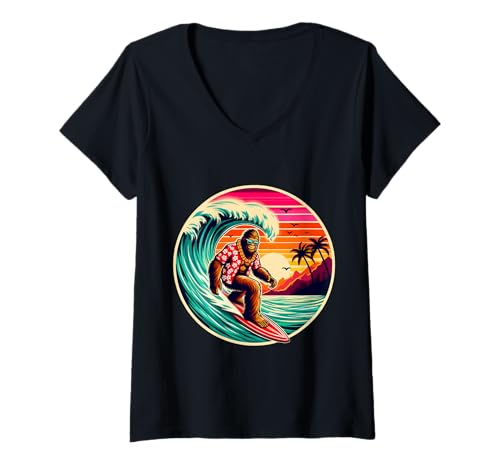 Damen Bigfoot Surfbrett Strand Sommer Surfen Sasquatch Hawaii T-Shirt mit V-Ausschnitt Damen Bigfoot Surfbrett Strand Sommer Surfen Sasquatch Hawaii T-Shirt mit V-Ausschnitt von Surfing Bigfoot Riding Wave Sasquatch Funny tees