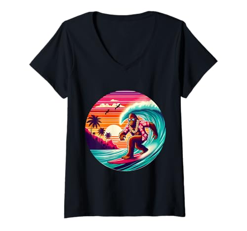 Damen Bigfoot Surfbrett Strand Sommer Surfen Sasquatch Hawaii T-Shirt mit V-Ausschnitt Damen Bigfoot Surfbrett Strand Sommer Surfen Sasquatch Hawaii T-Shirt mit V-Ausschnitt von Surfing Bigfoot Riding Wave Sasquatch Funny tees