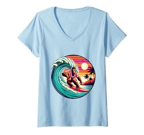 Damen Bigfoot Surfbrett Strand Sommer Surfen Sasquatch Hawaii T-Shirt mit V-Ausschnitt Damen Bigfoot Surfbrett Strand Sommer Surfen Sasquatch Hawaii T-Shirt mit V-Ausschnitt von Surfing Bigfoot Riding Wave Sasquatch Funny tees