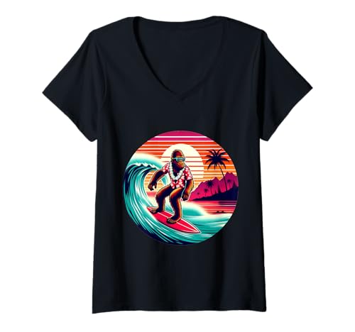 Damen Bigfoot Surfbrett Strand Sommer Surfen Sasquatch Hawaii T-Shirt mit V-Ausschnitt von Surfing Bigfoot Riding Wave Sasquatch Funny tees