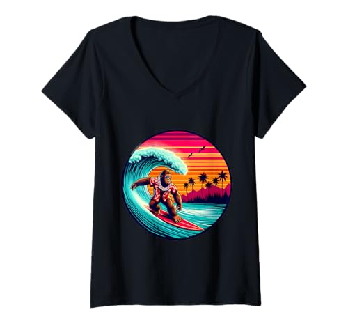 Damen Bigfoot Surfbrett Strand Sommer Surfen Sasquatch Hawaii T-Shirt mit V-Ausschnitt von Surfing Bigfoot Riding Wave Sasquatch Funny tees