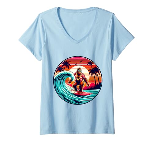 Damen Bigfoot Surfbrett Strand Sommer Surfen Sasquatch Hawaii T-Shirt mit V-Ausschnitt Damen Bigfoot Surfbrett Strand Sommer Surfen Sasquatch Hawaii T-Shirt mit V-Ausschnitt von Surfing Bigfoot Riding Wave Sasquatch Funny tees