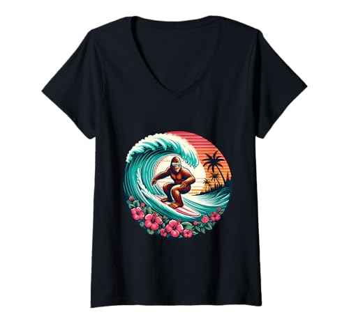 Damen Bigfoot Surfbrett Strand Sommer Surfen Sasquatch Hawaii T-Shirt mit V-Ausschnitt Damen Bigfoot Surfbrett Strand Sommer Surfen Sasquatch Hawaii T-Shirt mit V-Ausschnitt von Surfing Bigfoot Riding Wave Sasquatch Funny tees