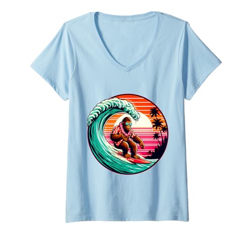 Damen Bigfoot Surfing Sasquatch Hawaiianischer tropischer Strandsurfer T-Shirt mit V-Ausschnitt Damen Bigfoot Surfing Sasquatch Hawaiianischer tropischer Strandsurfer T-Shirt mit V-Ausschnitt von Surfing Bigfoot Riding Wave Sasquatch Funny tees