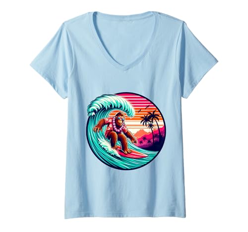 Damen Cooler Sasquatch auf Surfbrett, Surfen, Tropische Sonnenuntergangswellen T-Shirt mit V-Ausschnitt Damen Cooler Sasquatch auf Surfbrett, Surfen, Tropische Sonnenuntergangswellen T-Shirt mit V-Ausschnitt von Surfing Bigfoot Riding Wave Sasquatch Funny tees