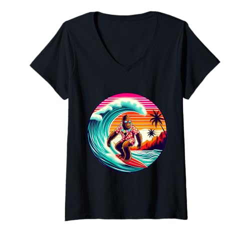Damen Cooler Sasquatch auf Surfbrett, Surfen, Tropische Sonnenuntergangswellen T-Shirt mit V-Ausschnitt Damen Cooler Sasquatch auf Surfbrett, Surfen, Tropische Sonnenuntergangswellen T-Shirt mit V-Ausschnitt von Surfing Bigfoot Riding Wave Sasquatch Funny tees