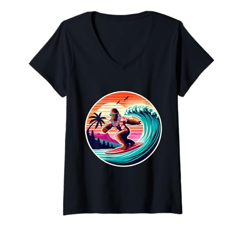 Damen Cooler Sasquatch auf Surfbrett, Surfen, Tropische Sonnenuntergangswellen T-Shirt mit V-Ausschnitt von Surfing Bigfoot Riding Wave Sasquatch Funny tees