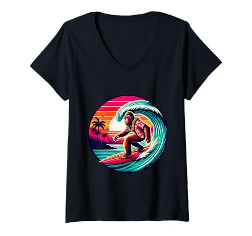 Damen Cooler Sasquatch auf Surfbrett, Surfen, tropische Sonnenuntergangswellen T-Shirt mit V-Ausschnitt Damen Cooler Sasquatch auf Surfbrett, Surfen, tropische Sonnenuntergangswellen T-Shirt mit V-Ausschnitt von Surfing Bigfoot Riding Wave Sasquatch Funny tees