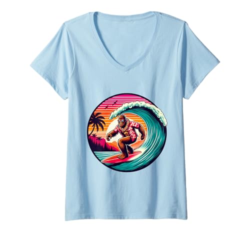 Damen Lustiger Bigfoot Hawaiian Surfing Wave Tropical Beach Surfer T-Shirt mit V-Ausschnitt Damen Lustiger Bigfoot Hawaiian Surfing Wave Tropical Beach Surfer T-Shirt mit V-Ausschnitt von Surfing Bigfoot Riding Wave Sasquatch Funny tees