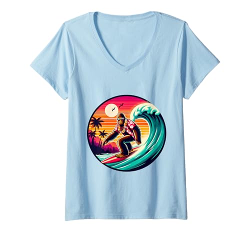 Damen Lustiger Bigfoot Hawaiian Surfing Wave Tropical Beach Surfer T-Shirt mit V-Ausschnitt Damen Lustiger Bigfoot Hawaiian Surfing Wave Tropical Beach Surfer T-Shirt mit V-Ausschnitt von Surfing Bigfoot Riding Wave Sasquatch Funny tees