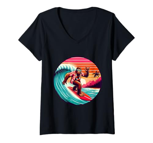 Damen Lustiger Bigfoot Hawaiian Surfing Wave Tropical Beach Surfer T-Shirt mit V-Ausschnitt Damen Lustiger Bigfoot Hawaiian Surfing Wave Tropical Beach Surfer T-Shirt mit V-Ausschnitt von Surfing Bigfoot Riding Wave Sasquatch Funny tees