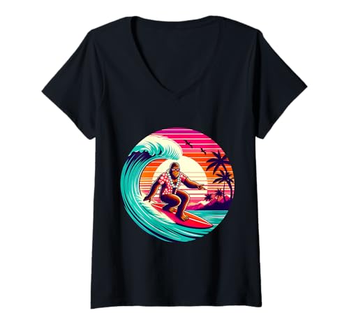 Damen Lustiges Surfen Sasquatch Hawaiian Sunset Retro Tropical Vibes T-Shirt mit V-Ausschnitt Damen Lustiges Surfen Sasquatch Hawaiian Sunset Retro Tropical Vibes T-Shirt mit V-Ausschnitt von Surfing Bigfoot Riding Wave Sasquatch Funny tees