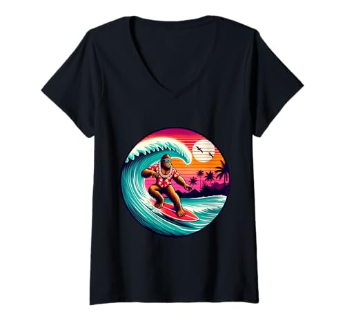Damen Lustiges Surfen Sasquatch Hawaiian Sunset Retro Tropical Vibes T-Shirt mit V-Ausschnitt Damen Lustiges Surfen Sasquatch Hawaiian Sunset Retro Tropical Vibes T-Shirt mit V-Ausschnitt von Surfing Bigfoot Riding Wave Sasquatch Funny tees