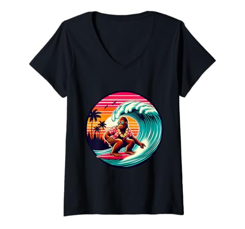 Damen Lustiges Surfen Sasquatch Hawaiian Sunset Retro Tropical Vibes T-Shirt mit V-Ausschnitt Damen Lustiges Surfen Sasquatch Hawaiian Sunset Retro Tropical Vibes T-Shirt mit V-Ausschnitt von Surfing Bigfoot Riding Wave Sasquatch Funny tees