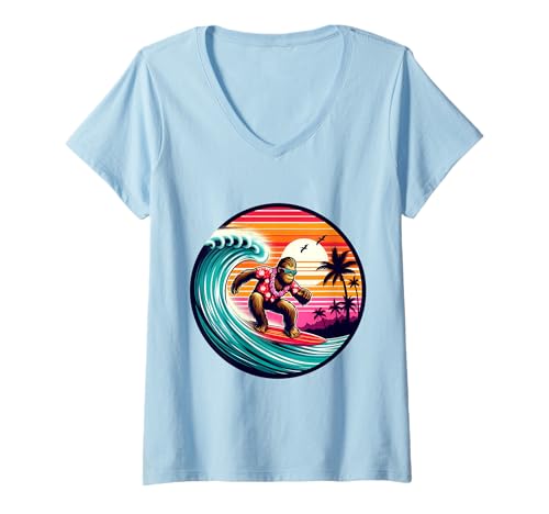 Damen Lustiges Surfen Sasquatch Hawaiian Sunset Retro Tropical Vibes T-Shirt mit V-Ausschnitt Damen Lustiges Surfen Sasquatch Hawaiian Sunset Retro Tropical Vibes T-Shirt mit V-Ausschnitt von Surfing Bigfoot Riding Wave Sasquatch Funny tees