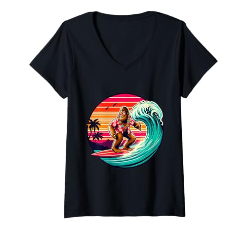 Damen Lustiges Surfen Sasquatch Hawaiian Sunset Retro Tropical Vibes T-Shirt mit V-Ausschnitt Damen Lustiges Surfen Sasquatch Hawaiian Sunset Retro Tropical Vibes T-Shirt mit V-Ausschnitt von Surfing Bigfoot Riding Wave Sasquatch Funny tees