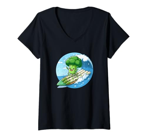 Damen Brokkoli surfen auf Spargelwelle Kawaii Veggie T-Shirt mit V-Ausschnitt Damen Brokkoli surfen auf Spargelwelle Kawaii Veggie T-Shirt mit V-Ausschnitt von Surfing Broccoli Collection