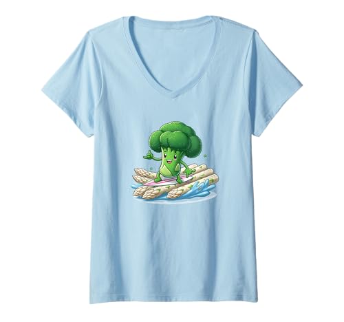 Damen Brokkoli surfen auf Spargelwelle Kawaii Veggie T-Shirt mit V-Ausschnitt Damen Brokkoli surfen auf Spargelwelle Kawaii Veggie T-Shirt mit V-Ausschnitt von Surfing Broccoli Collection