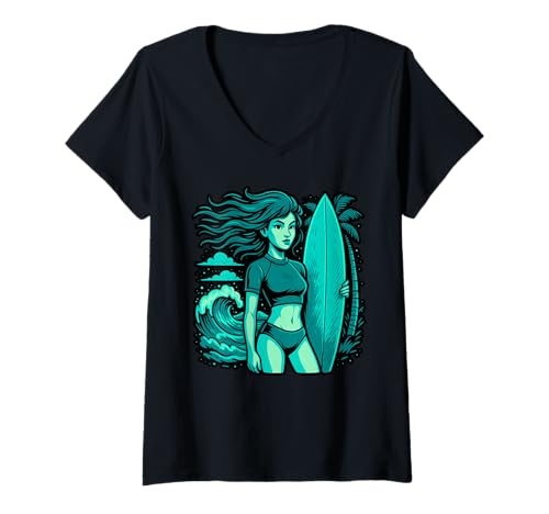 Damen Surfermädchen mit blauen Haaren Beach Vibes Sommerspaß T-Shirt mit V-Ausschnitt von Surfing Girl Beach Vibes for Summer Fun