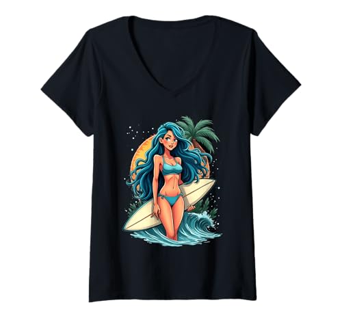 Damen Surfermädchen mit blauen Haaren Beach Vibes Sommerspaß T-Shirt mit V-Ausschnitt von Surfing Girl Beach Vibes for Summer Fun