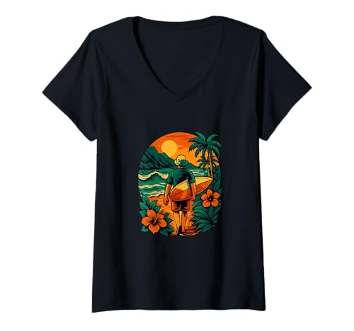 Damen Surfen Abenteuer Sonnenuntergang Ocean Explorer T-Shirt mit V-Ausschnitt Damen Surfen Abenteuer Sonnenuntergang Ocean Explorer T-Shirt mit V-Ausschnitt von Surfing Ocean Beach Sunset Lifestyle Apparel