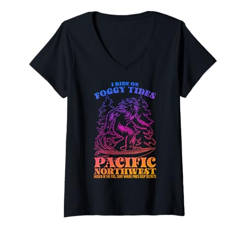 Damen Bigfoot Surfing I Ride On Foggy Tides Pacific Northwest T-Shirt mit V-Ausschnitt Damen Bigfoot Surfing I Ride On Foggy Tides Pacific Northwest T-Shirt mit V-Ausschnitt von Surfing Sasquatch In The Pacific Northwest