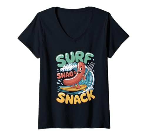 Damen Surf Snack Wurst Wave Fun Vibe T-Shirt mit V-Ausschnitt Damen Surf Snack Wurst Wave Fun Vibe T-Shirt mit V-Ausschnitt von Surfing Sausage Wave Snack Vibe Fun