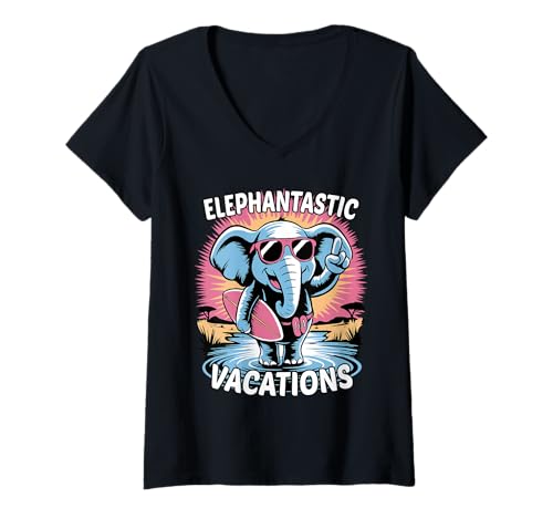 Damen Elephant Summer Elefantastischer Urlaub T-Shirt mit V-Ausschnitt Damen Elephant Summer Elefantastischer Urlaub T-Shirt mit V-Ausschnitt von Surfing Summer Holidays for Elephants