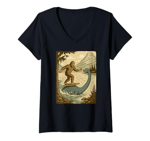 Damen Lustiges Bigfoot Surft auf Loch Ness Monster im Retro-Look T-Shirt mit V-Ausschnitt Damen Lustiges Bigfoot Surft auf Loch Ness Monster im Retro-Look T-Shirt mit V-Ausschnitt von Surfing Wilderness Humor Apparel