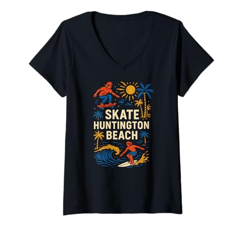 Damen California Skate Huntington Beach Retro Herren Surfs Up T-Shirt mit V-Ausschnitt von Surfs Up Huntington Beach Skateboarding Apparel