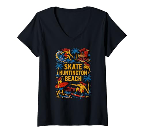 Damen California Skate Huntington Beach Retro Herren Surfs Up T-Shirt mit V-Ausschnitt von Surfs Up Huntington Beach Skateboarding Apparel