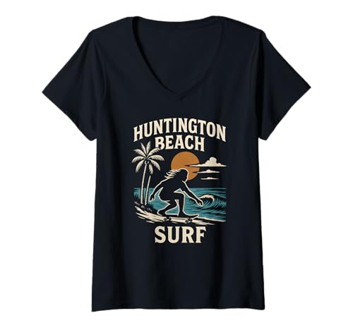 Damen California Surfing Huntington Beach Surf Retro Herren Surfs Up T-Shirt mit V-Ausschnitt von Surfs Up Huntington Beach Skateboarding Apparel