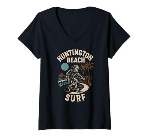 Damen California Surfing Huntington Beach Surf Retro Herren Surfs Up T-Shirt mit V-Ausschnitt von Surfs Up Huntington Beach Skateboarding Apparel